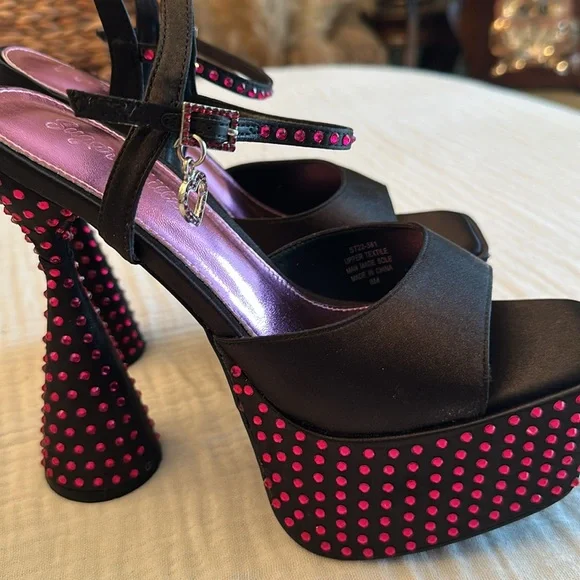 New Dolls Kill Kiss Me Goodnight Satin Platform Heels - Picture 12 of 15